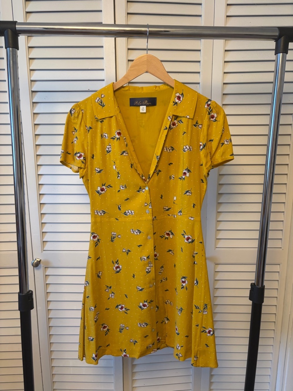 Mustard Floral Fit-and-Flare Button Down Dress